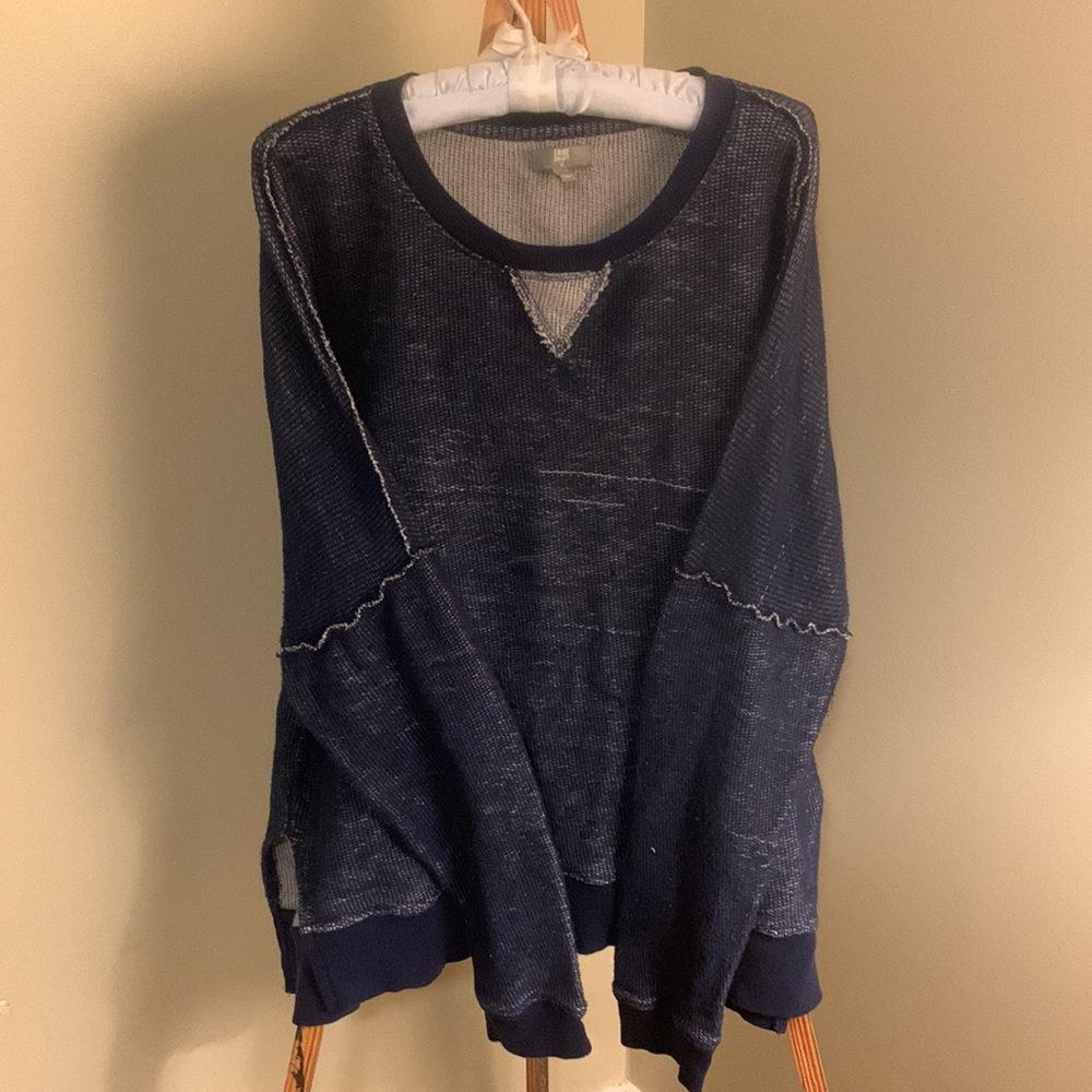 Worn washed blue , oversized BOHO Sweatshirt , exposed seams